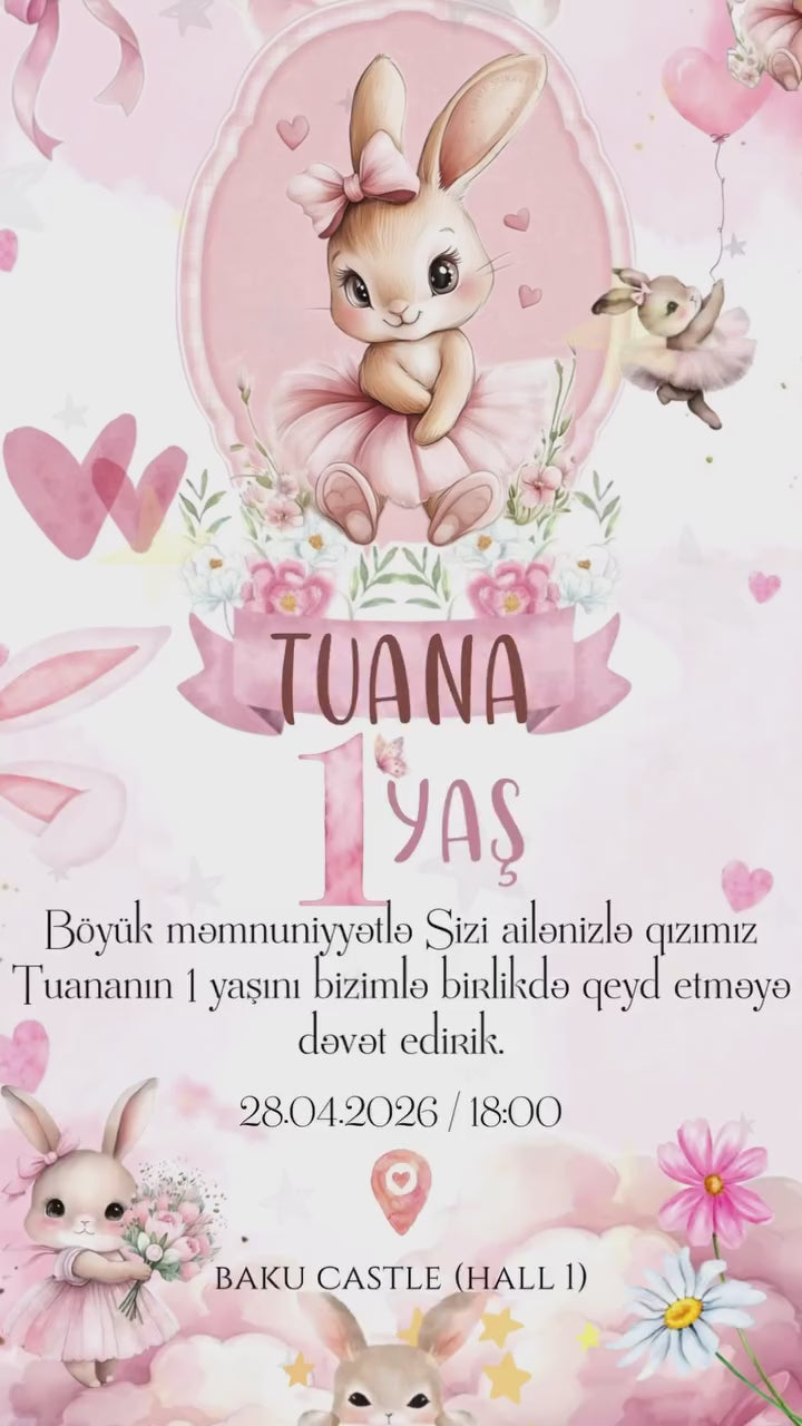 Dovşan tematikalı 1 yaş dəvətnaməsi