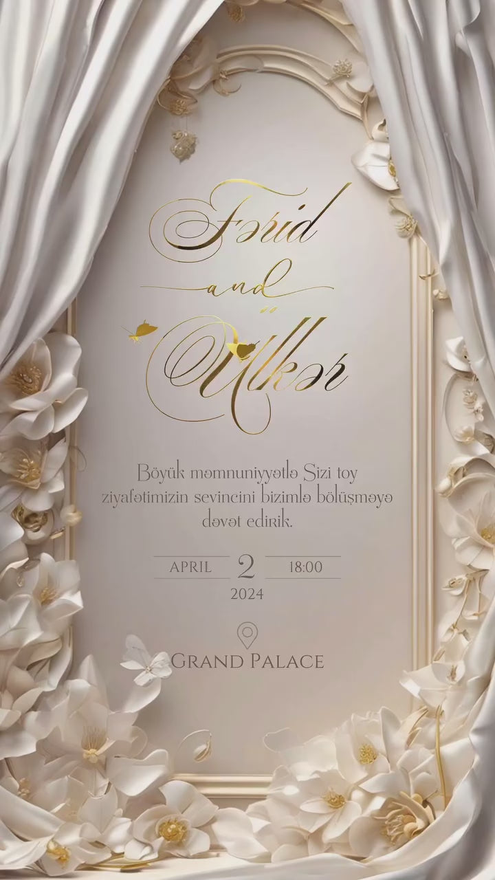 Lüks Bej və Qızılı Çiçəkli Toy Dəvətnaməsi / Elegant Beige & Gold Wedding Invitation