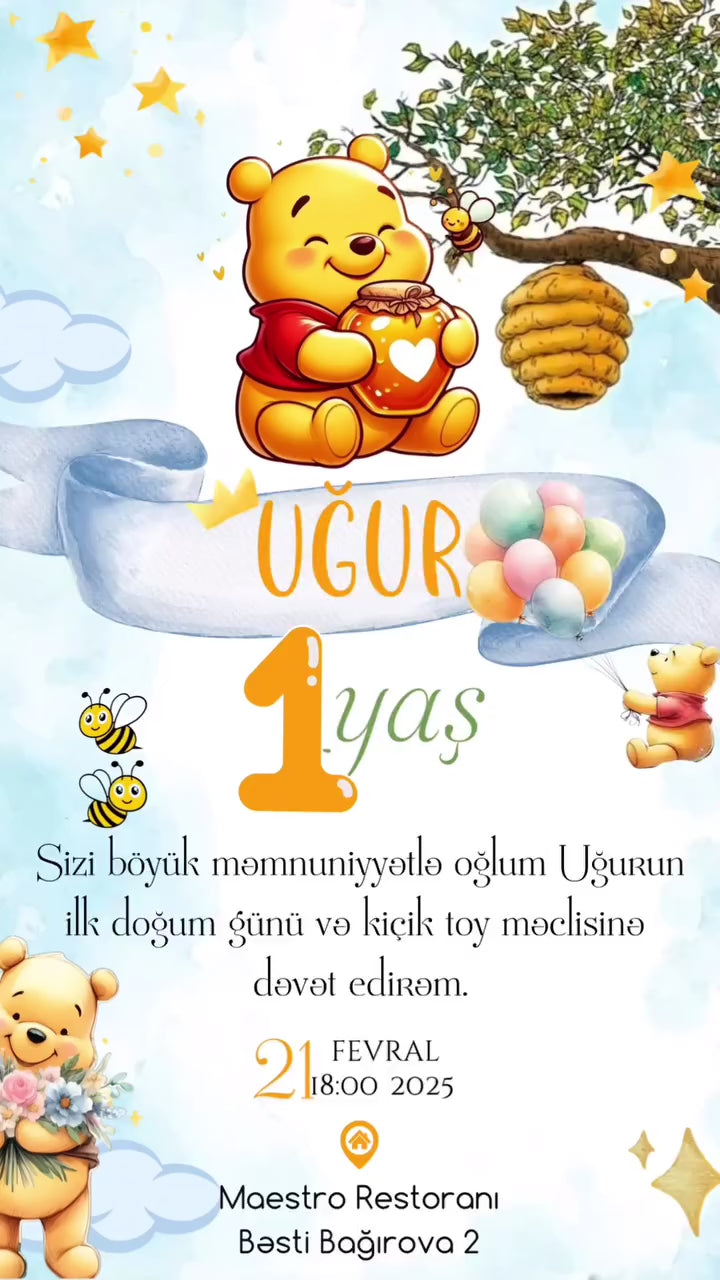 🍯 Ayıcıq Winnie the Pooh Temalı Ad Günü Dəvətnaməsi ┃ Winnie the Pooh Themed Birthday Invitation
