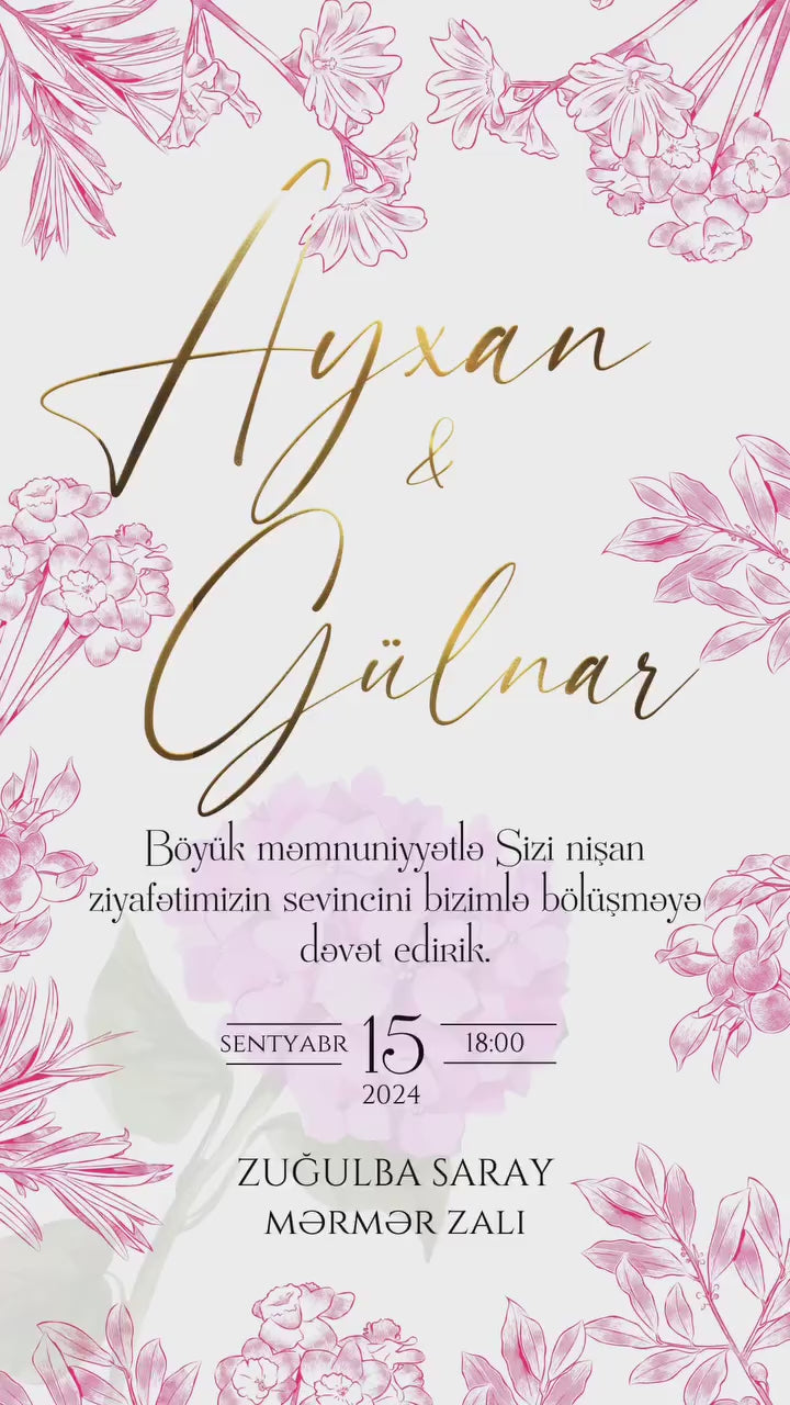Çəhrayı Çiçəkli Nişan Dəvətnaməsi ┃Elegant Pink Engagement İnvitation