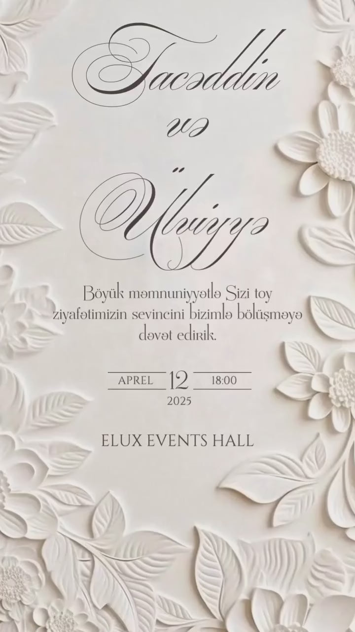 Minimal Ağ Floral Toy Dəvətnaməsi ┃ Minimal White Floral Wedding Invitation
