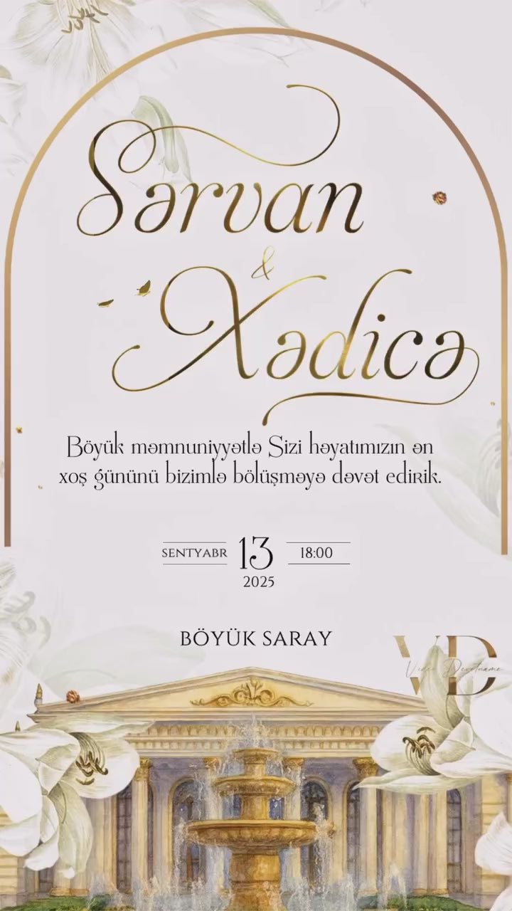 🤍 Ağ Güllər və Qızılı Kəpənəklərlə Toy Dəvətnaməsi ┃ White Floral & Golden Butterflies Wedding Invitation