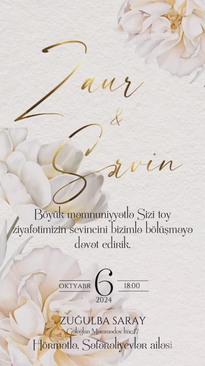 Online Video Dəvətnamə -White Floral wedding invitation (Ağ güllərlə bəzədilmiş toy dəvətnaməsi)