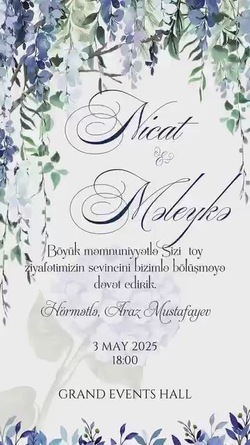 Zərif Mavi Çiçəkli Toy Dəvətnaməsi ┃Elegant Blue Floral Wedding Invitation
