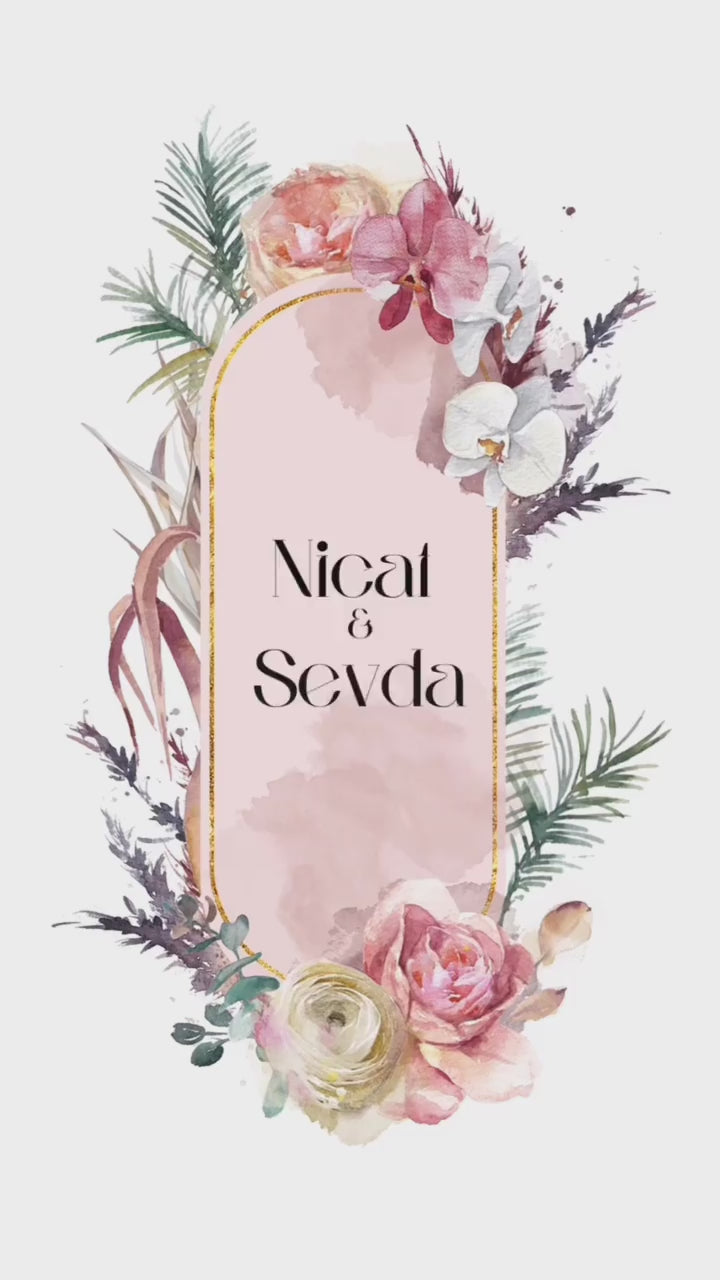 🌸 Nicat və Sevda – Zərif Çəhrayı Gül Çərçivəli Toy Dəvətnaməsi ┃ Nicat & Sevda – Elegant Blush Floral Arch Wedding Invitation